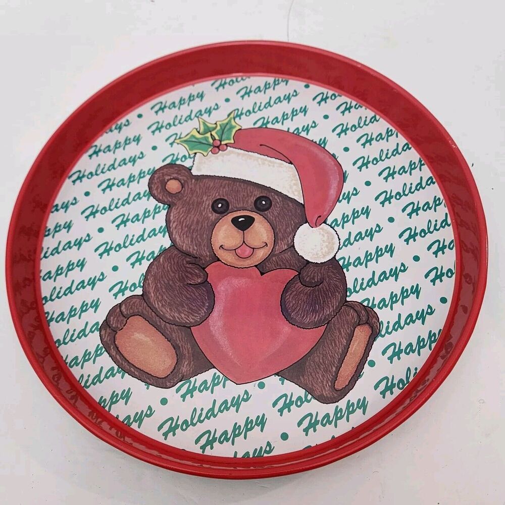 SNP Metal Tray 1989 Happy Holidays Teddy Bear Red White Green Holly Vintage